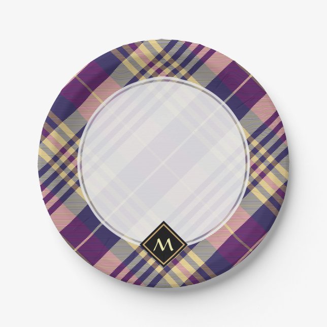 Lila, goldener und blauer Tartan Pappteller (Vorderseite)