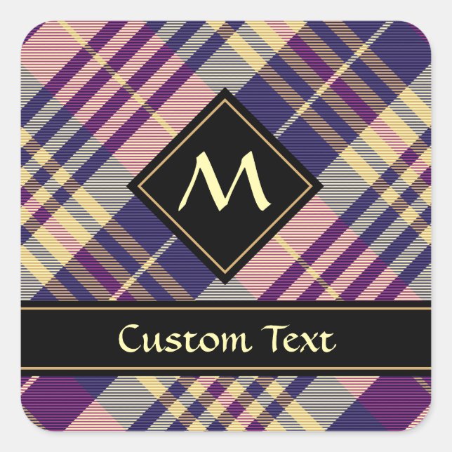 Lila, goldener und blauer Tartan Quadratischer Aufkleber (Vorderseite)