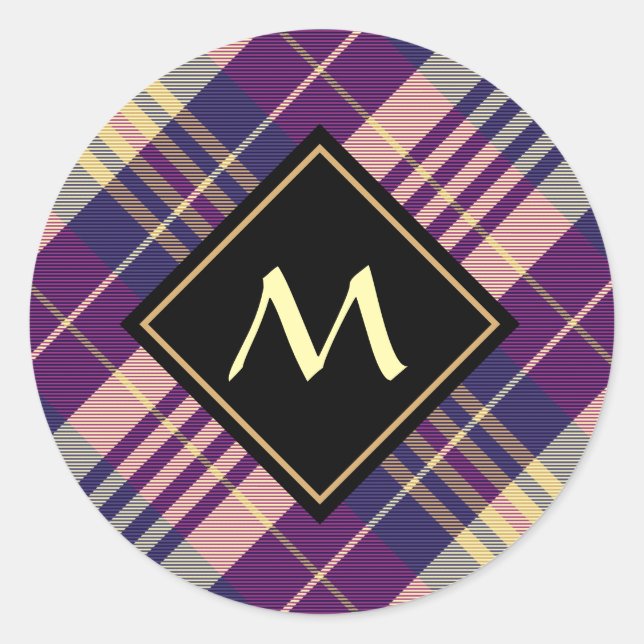 Lila, goldener und blauer Tartan Runder Aufkleber (Vorderseite)