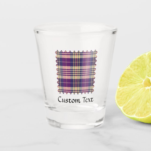 Lila, goldener und blauer Tartan Schnapsglas (Vorderseite)
