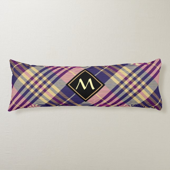 Lila, goldener und blauer Tartan Seitenschläferkissen (Vorderseite)