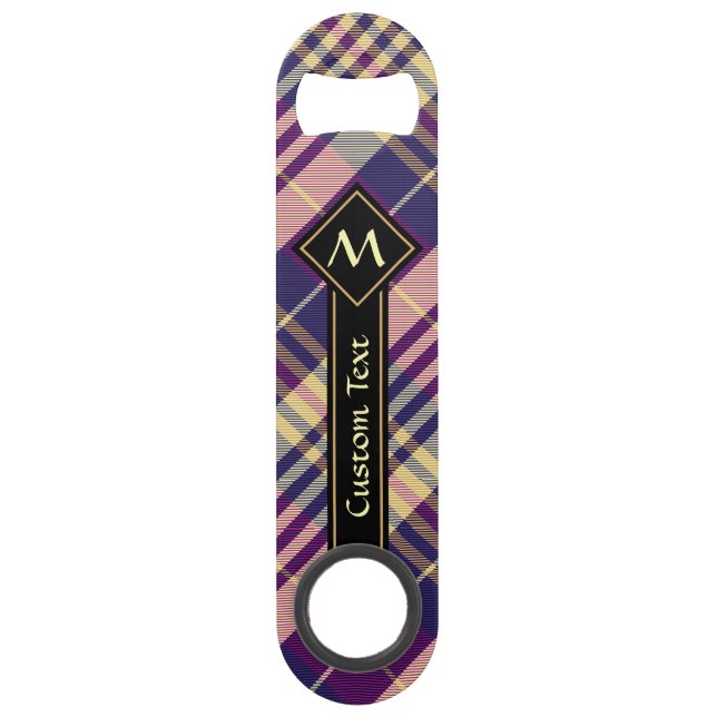 Lila, goldener und blauer Tartan Speed Flaschenöffner (Vorderseite)