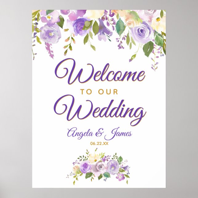 Lila goldenes Aquarellblumen Willkommen bei Hochze Poster (Vorne)