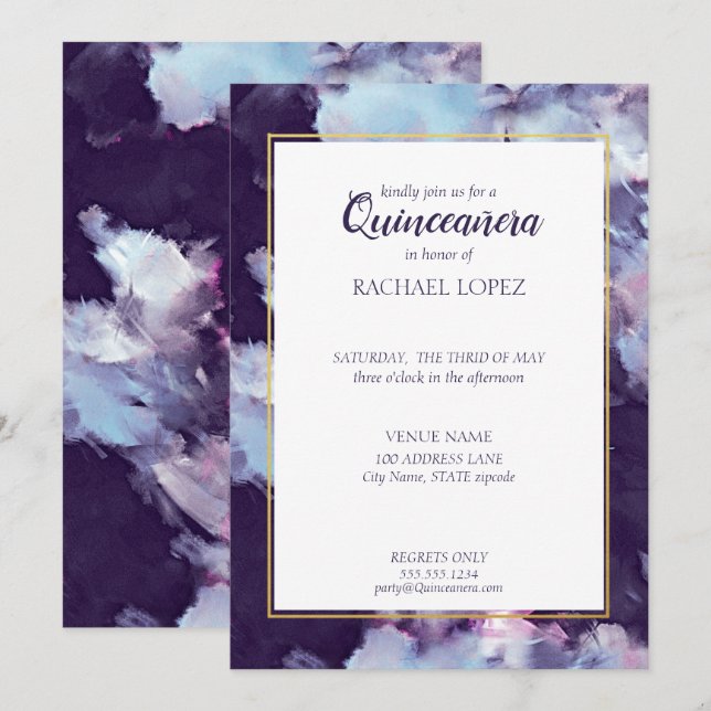 Lila & goldfarben Abstrakte Quinceanera Einladung (Vorne/Hinten)