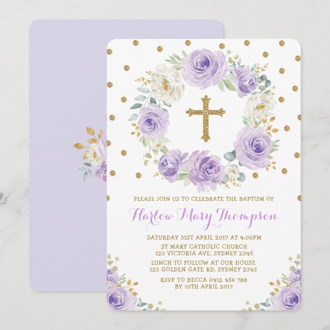 Lila Goldflora-Taufe Christening Einladung (Vorne/Hinten)