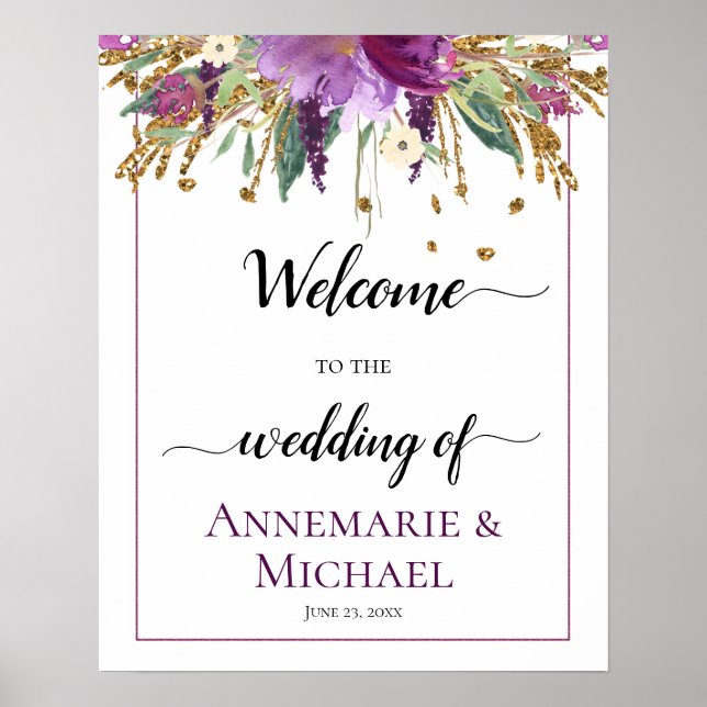Lila Goldflorale Herzlich willkommen beim Hochzeit Poster (Vorne)
