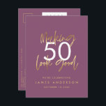 lila Goldgeburtstag, schlicht und elegant Einladungspostkarte<br><div class="desc">Moderne 50. Geburtstag einfach stilvolle elegante Gold-Drehbuch & geometrischen 50. Geburtstag einladen. Modernes geometrisches Backermuster. Teil einer Sammlung.</div>