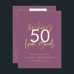 lila Goldgeburtstag, schlicht und elegant Einladungspostkarte<br><div class="desc">Moderne 50. Geburtstag einfach stilvolle elegante Gold-Drehbuch & geometrischen 50. Geburtstag einladen. Modernes geometrisches Backermuster. Teil einer Sammlung.</div>