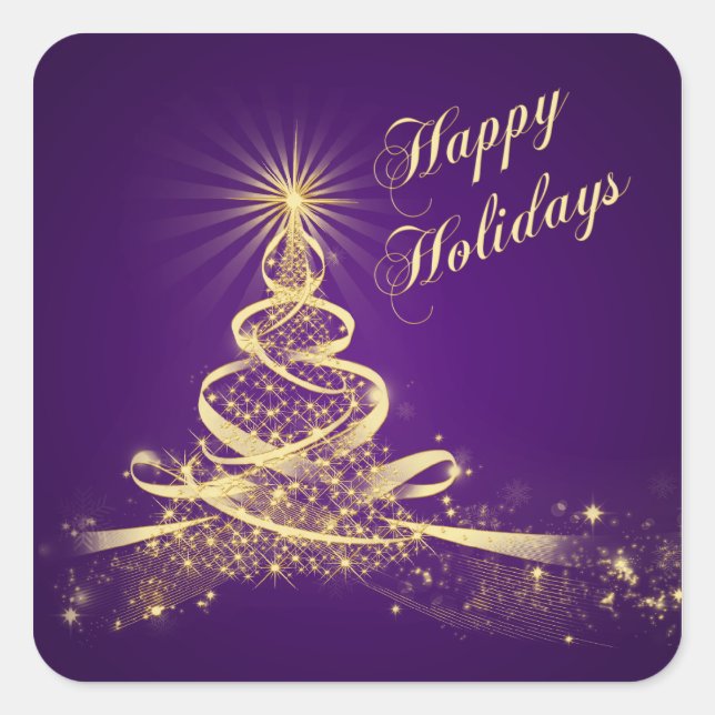 Lila, goldgelber Tree Happy Holidays Sticker (Vorderseite)