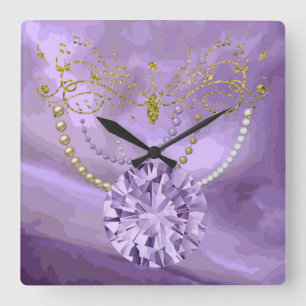 Lila GoldGlitzer-Musik &Jewels quadratisches Quadratische Wanduhr