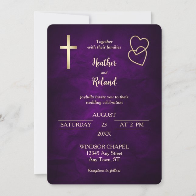 Lila Goldherzen Christliche Cross Wedding Einladung (Vorderseite)