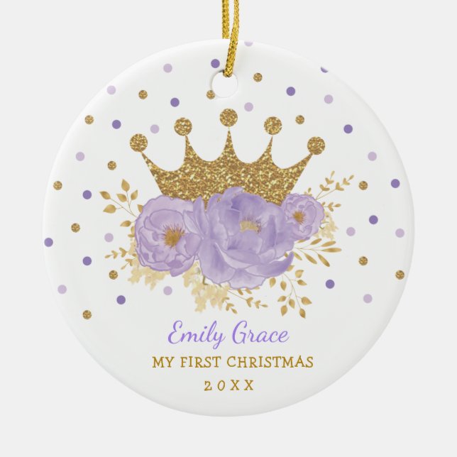 Lila Goldkrone Princess Baby Erste Weihnachtsfeier Keramik Ornament (Vorne)
