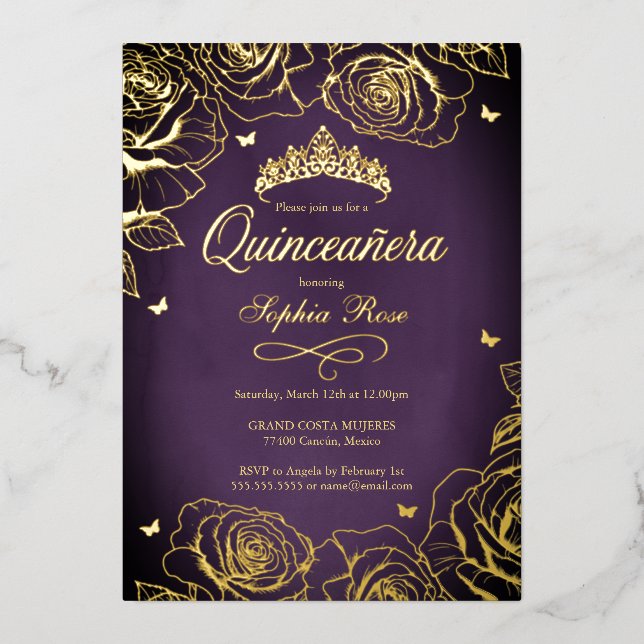 Lila Goldkrone Rose Thema Quinceanera Folieneinladung (Vorderseite)