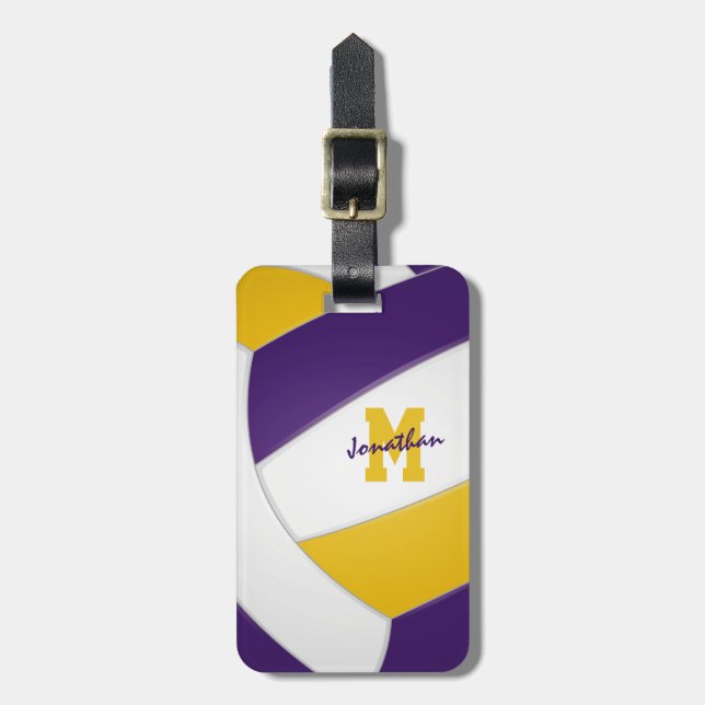 lila Goldmannschaft färbt mit Monogramm Volleyball Gepäckanhänger (Vorderseite vertikal)
