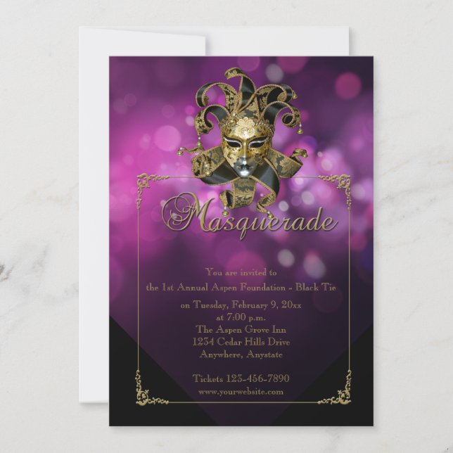 Lila Goldmaskerade-Karneval-Ball-Einladung Einladung (Vorderseite)
