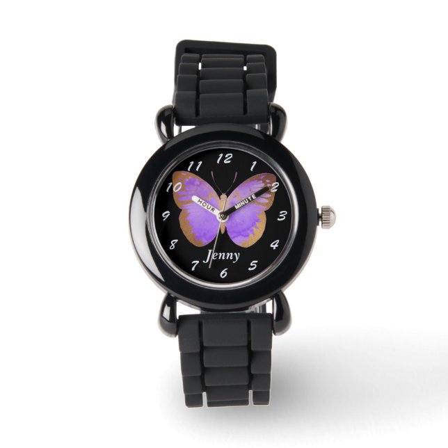 Lila Goldschmetterlingskinder Personalisiert Armbanduhr (Vorderseite)