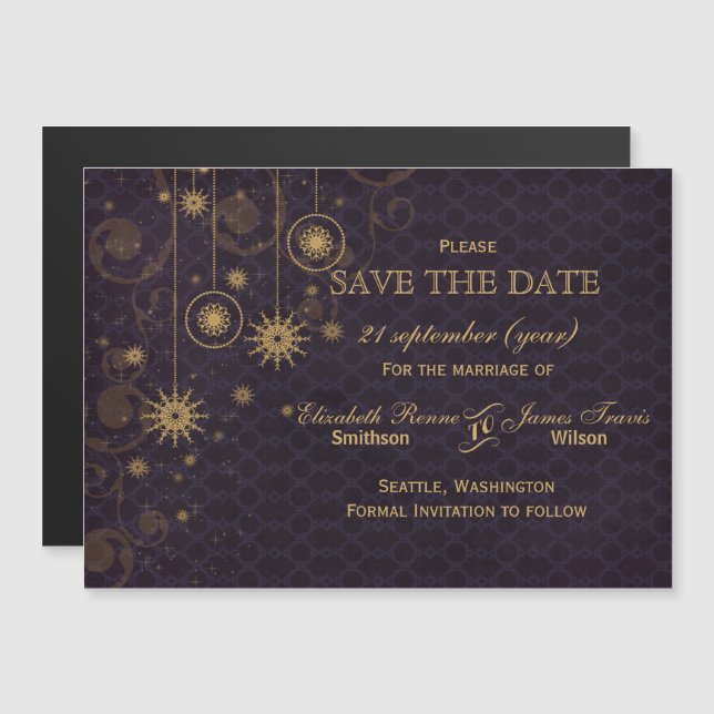 lila Goldschneeflocken Winter Save the Date Magneteinladung (Vorne/Hinten)