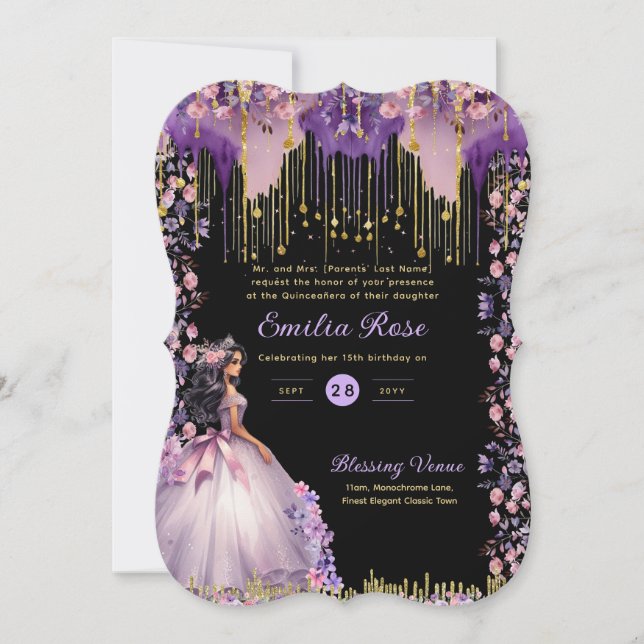 Lila Goldsparkle Quinceanera Rose Einladung (Vorderseite)