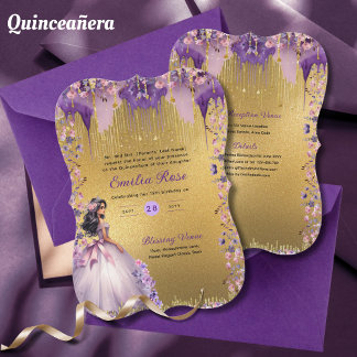 Lila Goldsparkle Quinceanera Rose Einladung