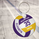 lila Goldsportmannschaft spielt Volleyball Schlüsselanhänger<br><div class="desc">Der sportliche Schlüsselanhänger zum Thema Volleyball für Jungs und Jungen bietet einen lila,  goldfarbenen und weißen Volleyball,  auf dem Sie den Namen und die Trikots des Spielers,  den Namen der Schule oder des Clubs und den Maskottnamen in einem Schriftart im Stil eines Buchstaben anpassen können - von katz_d_zynes</div>