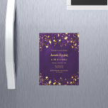 Lila Goldstars zum Geburtstag Magneteinladung<br><div class="desc">Eine moderne,  stilvolle und glamouröse magnetische Einladung für eine 40. Geburtstagsfeier (oder jedes Alter). Ein tiefer lila Hintergrund mit Imitaten goldenen Sternen. Die lila Farbe ist ungleichmäßig. Der Name ist mit einem modernen handgeschriebenen Stilskript geschrieben. Personalisieren Sie Ihre Party-Daten und fügen Sie sie hinzu.</div>
