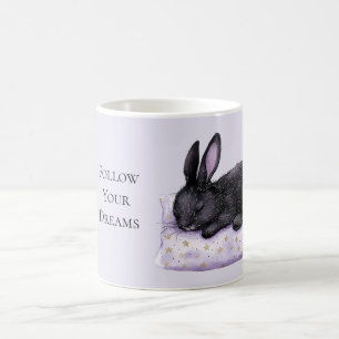 Lila Goldsterne Kissen Schlafende schwarze Hasen Kaffeetasse