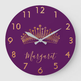 Lila Goldtiara-Kronname Große Wanduhr