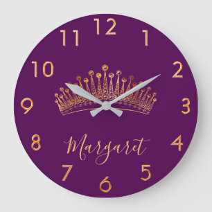 Lila Goldtiara-Kronname Große Wanduhr