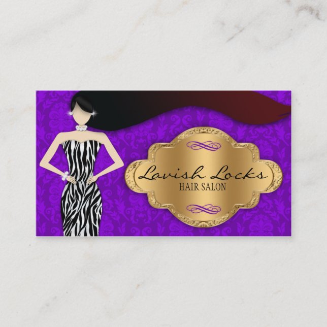 Lila Goldzebra-Damast-Haar-Stylist-Salon Visitenkarte (Vorderseite)
