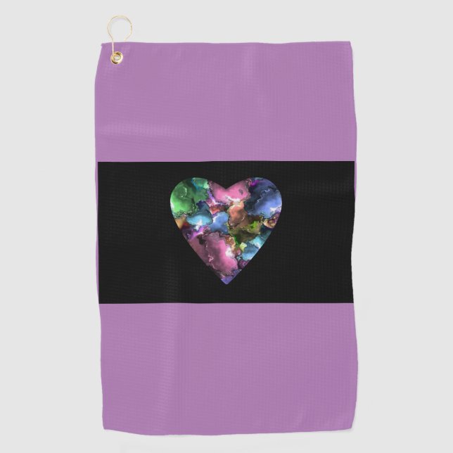 Lila Golfhandtuch mit farbenfrohem Herzen (Vorderseite)