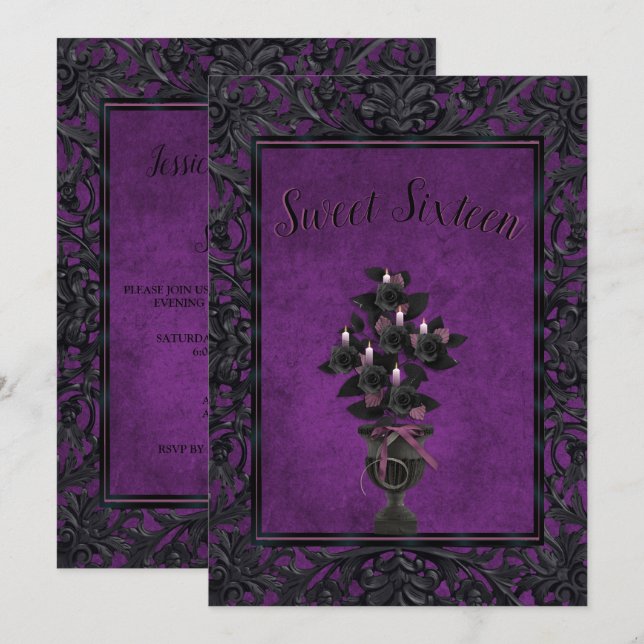 Lila Gothic Frame Black Rose & Candles Sweet 16 Einladung (Vorne/Hinten)