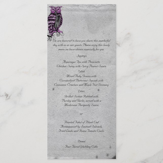 Lila Gothic Owl Posh Wedding Menu Menükarte (Vorderseite)