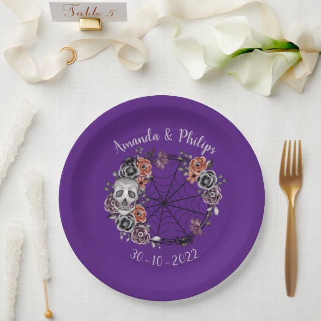 Lila Gothic Skull Rose Wreath Halloween Hochzeit Pappteller (Hochzeit)