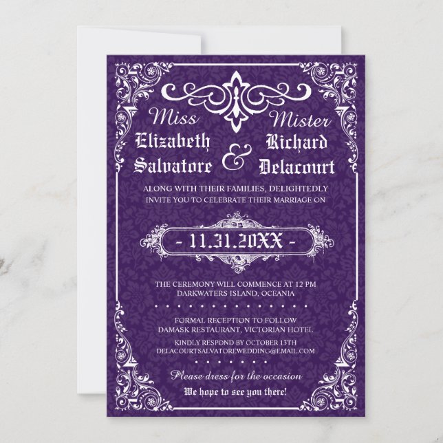 Lila Gothic Viktorianisch Damask Wedding Einladung (Vorderseite)