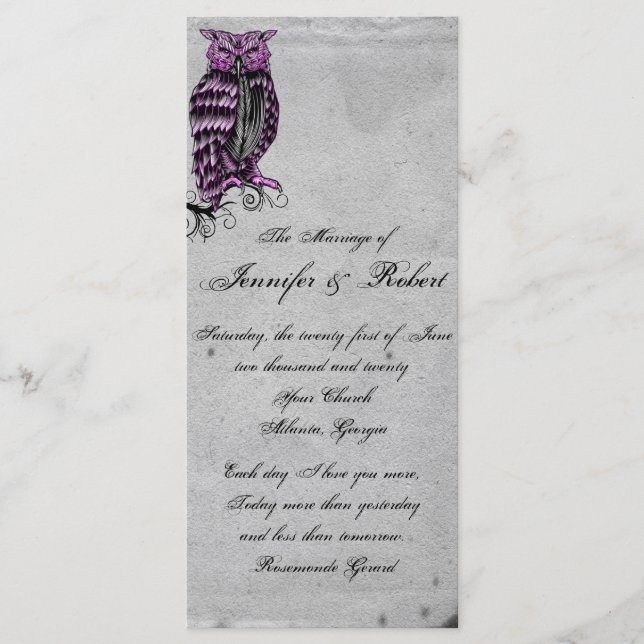 Lila Gotische Eule Elegantes Hochzeitsprogramm Programm (Vorderseite)