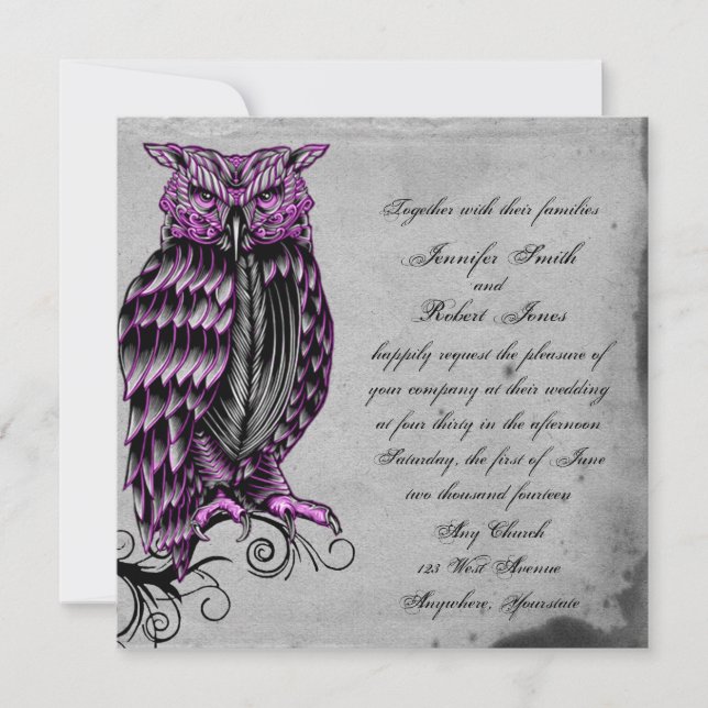 Lila gotische Owl Posh Einladung (Vorderseite)