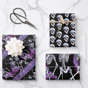 Lila gotische Skelette und Totenköpfe Geschenkpapier Set