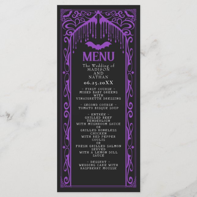 Lila gotische Vampirkathedrale Hochzeitsmenü Menükarte (Vorderseite)