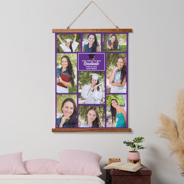 Lila Graduate Foto Collage Chic Abschluss Wandteppich Mit Holzrahmen (Schlafzimmer)