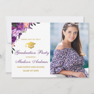 Lila-Graduiertenparty mit Blumen und Fotos Einladung