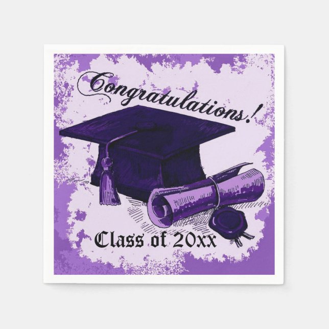 Lila Graduierung Cap & Diploma Napkins Serviette (Vorderseite)