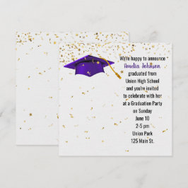 Lila Graduierungsobergrenze mit Gold Confetti Einladung