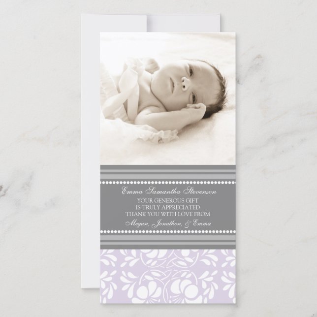 Lila Grau danken Ihnen Baby-Duschen-Foto-Karten Dankeskarte (Vorderseite)