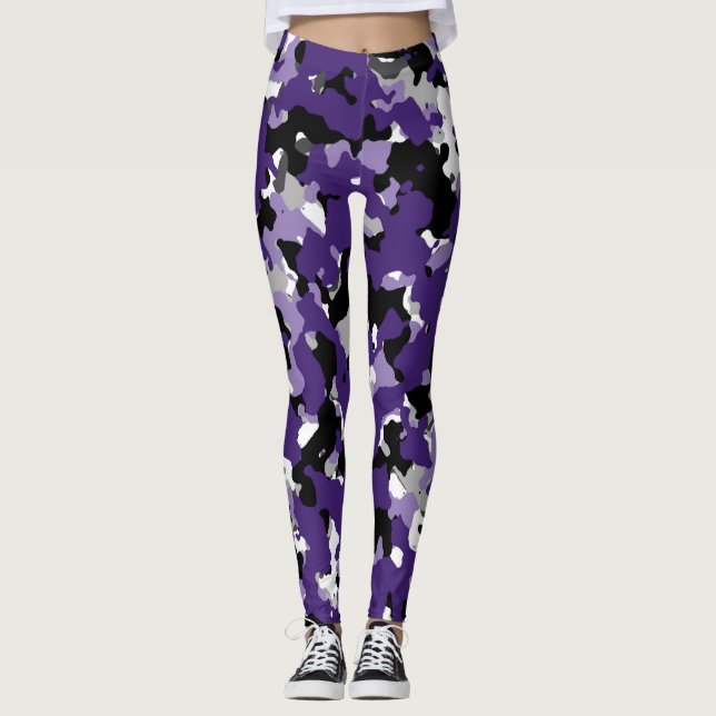 Lila Grau Schwarz-weiß Camouflage Camouflage druck Leggings (Vorderseite)