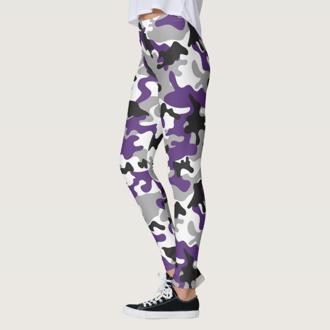 Lila, grau, weiß und schwarz Camouflage Leggings (Links)