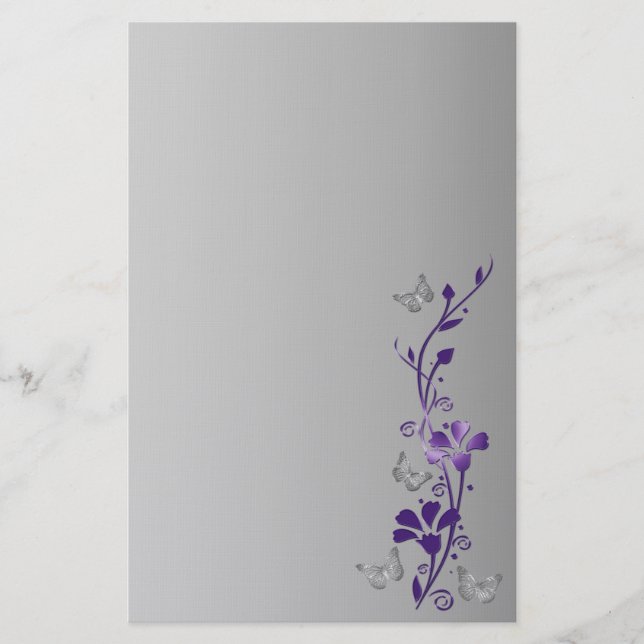 Lila, graue Blumenschmetterlinge Hochzeitsgeschich Briefpapier (Vorderseite)