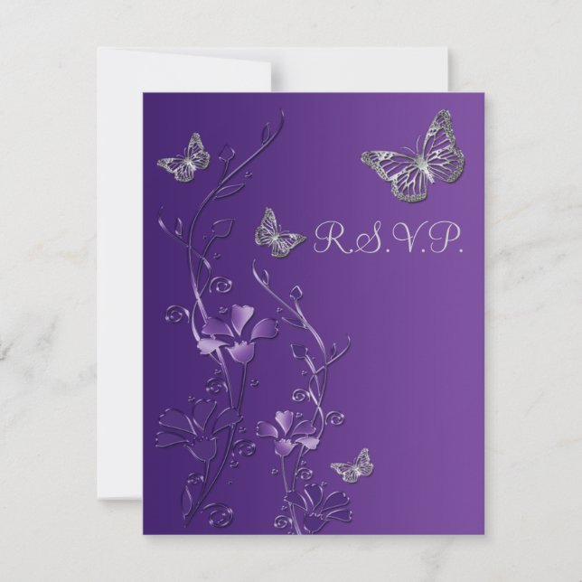 Lila, graue Blüte mit Schmetterlingen RSVP-Karte 2 RSVP Karte (Vorderseite)