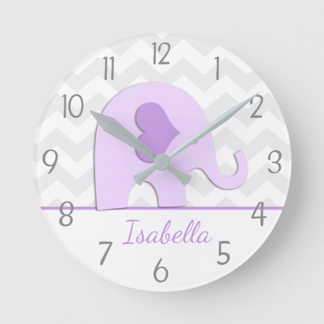 Lila graue Elefant-Kinderzimmer-Wand-Uhr Runde Wanduhr (Vorderseite)