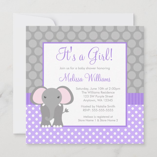 Lila graue Elefant-Polka-Punkt-Mädchen-Baby-Dusche Einladung (Vorderseite)