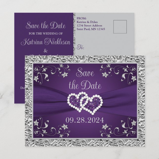 Lila, graue Liebe Herz Hochzeit speichern das Datu Postkarte (Vorne/Hinten)